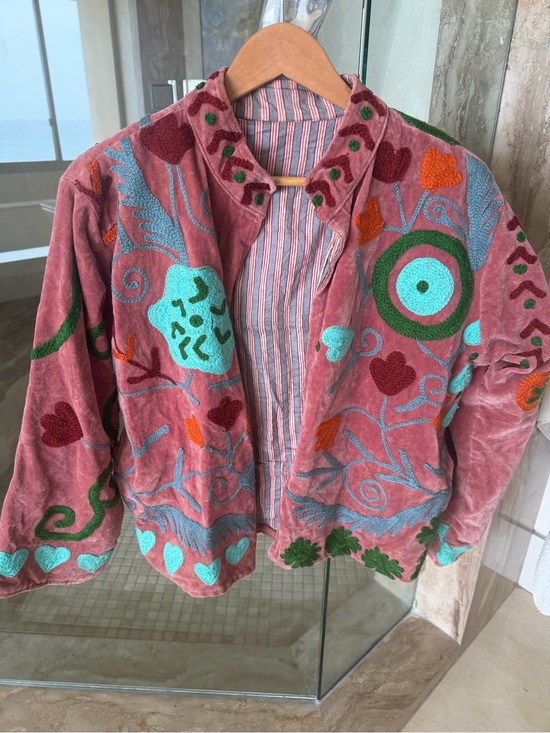 Jackets & Blazers - Fabulous Unique Embroidered Pink Velvet Floral Jacket with Teal Accents